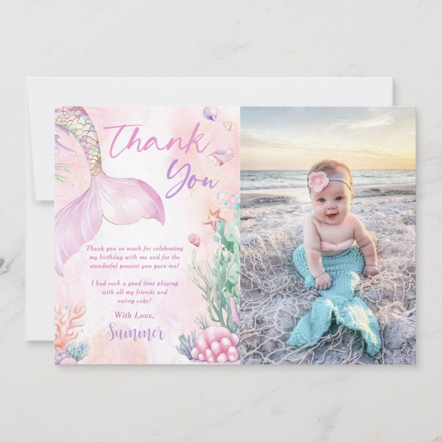 Pink Mermaid 1st Birthday Oneder The Sea Photo Tack Kort (Framsida)