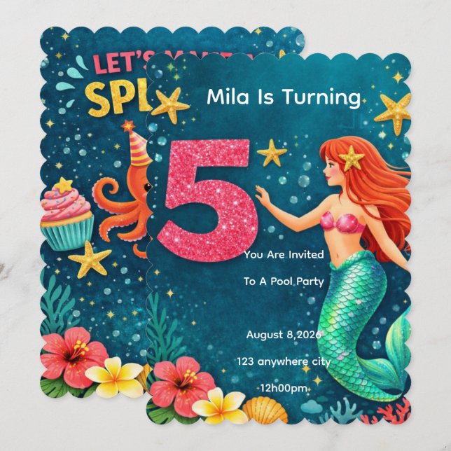 Pink Mermaid Fifth Birthday Invitation Inbjudningar (Fram/baksida)