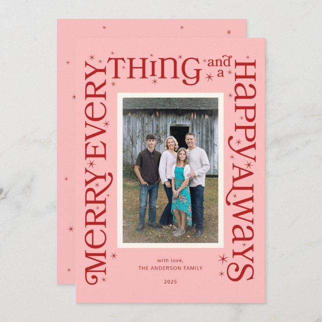 Pink Merry Everything and a Happy Always Julkort (Fram/baksida)