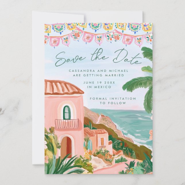 Pink Mexican Beach Town Destination Wedding Spara Datumet (Framsida)