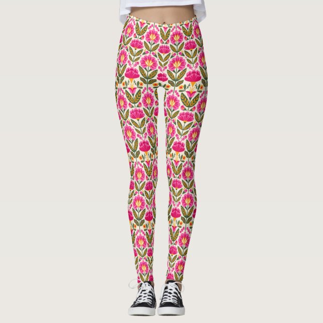 Pink Mexican Talavera Flowers BOHO Chic Floral  Leggings (Framsida)
