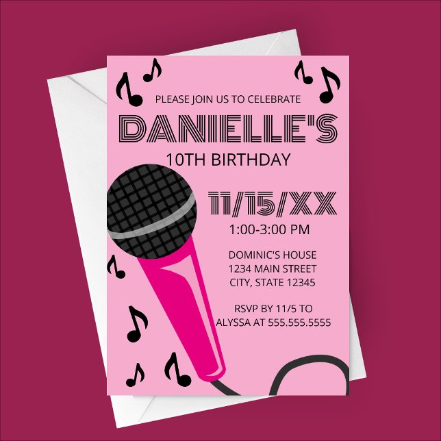 Pink Microphone Kids Birthday Invitation Inbjudningar (Pink Microphone Karaoke Birthday Party Invitation)
