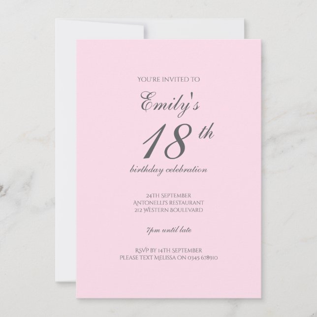 Pink Minimalist 18th Birthday Party Invitation Inbjudningar (Framsida)