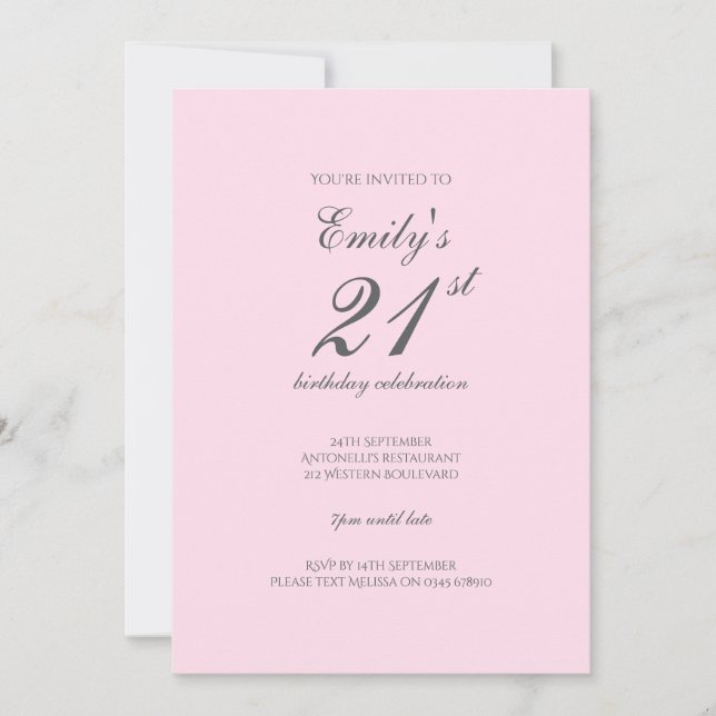 Pink Minimalist 21st Birthday Party Invitation Inbjudningar (Framsida)