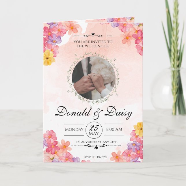 Pink Minimalist Floral Wedding Invitation Card Kort (Framsida)