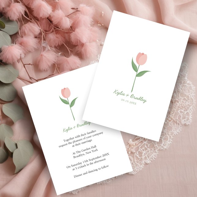 Pink Minimalist Tulip Inbjudningar (This minimalist design with a pink tulip is elegant and simple as the current trend in weddings.)