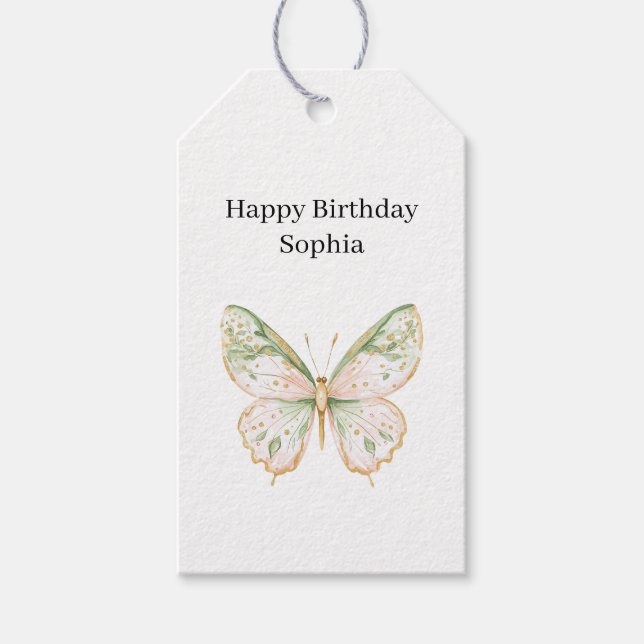 Pink Mint Butterfly Birthday Presentetikett (Framsidan)