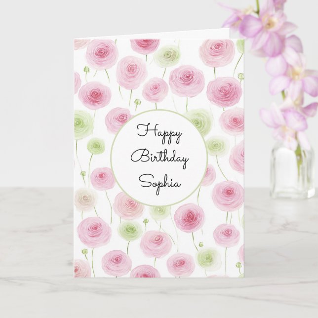Pink Mint Floral Ranunculus Birthday Kort (Orkide)