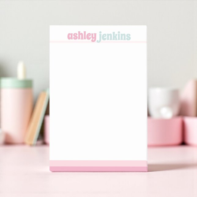 Pink & Mint Modern Name, Minimalist Post-it Block (Pink and mint personalized stationery notepad sticky notes gift)