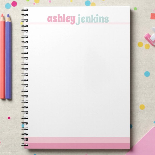 Pink & Mint Personalized Name Spiral Notebook Anteckningsbok (Custom name notebook in pastel pink and mint colors)