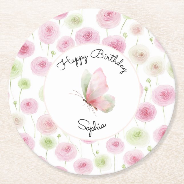 Pink Mint Ranunculus Floral Birthday Underlägg Papper Rund (Framsidan)