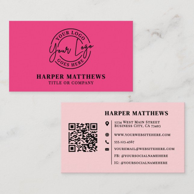 Pink Modern Minimalist Logo QR Code Business Card Visitkort (Fram/baksida)