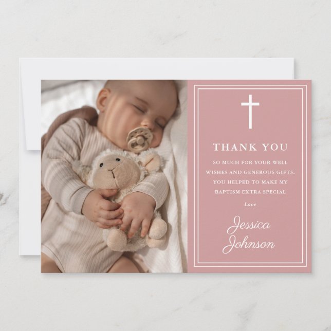 Pink Modern Photo Baptism Christening Tack Kort (Framsida)