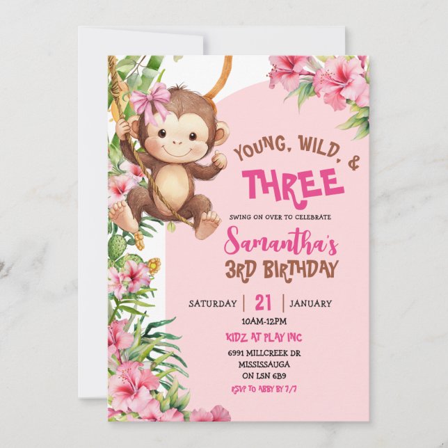 Pink Monkey Young Wild Three Third Birthday Inbjudningar (Framsida)