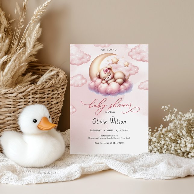 Pink Moon & Teddy Bear Baby Shower Inbjudningar (Skapare uppladdad)