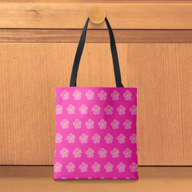 Pink Moss Rose Seamless Pattern Tote Bag Tygkasse (Tote bag with seamless pattern of a pink moss rose)