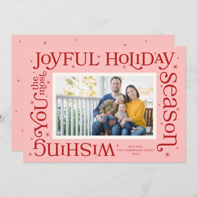 Pink Most Joyful Holiday Season Holiday Card Julkort (Fram/baksida)