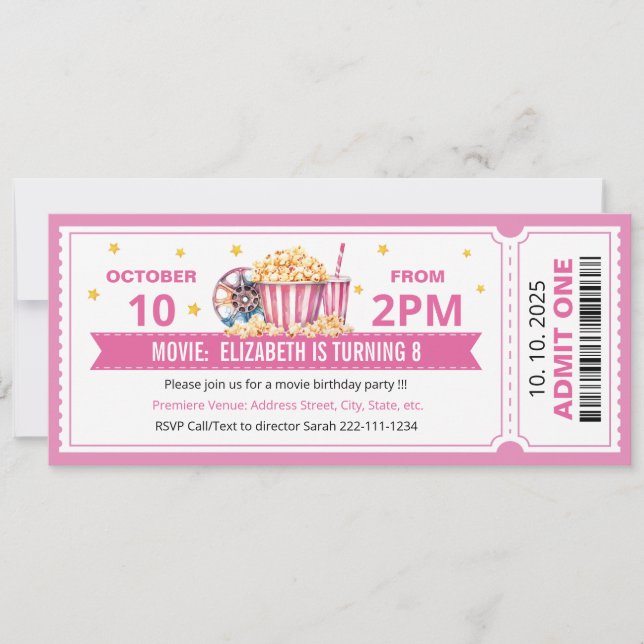 Pink Movie ticket birthday invitation Inbjudningar (Framsida)