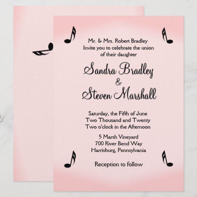 Pink Music Theme Wedding Inbjudningar (Fram/baksida)