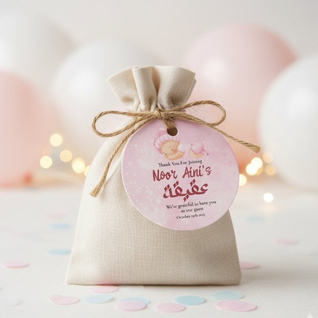 Pink Muslim Newborn Baby Girl Aqeeqah Gåvor Etiketter (Skapare uppladdad)