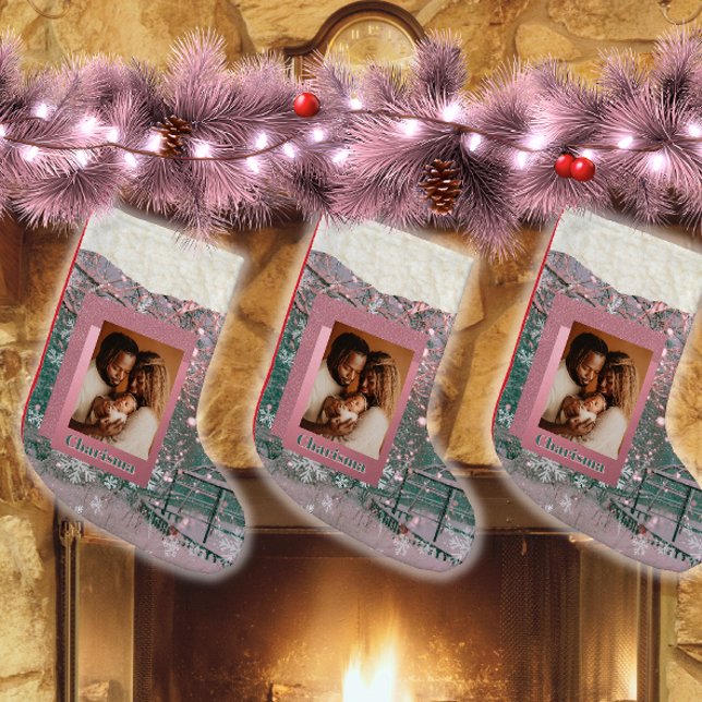 Pink Name Winter Christmas Family Photo Liten Julstrumpa (Skapare uppladdad)