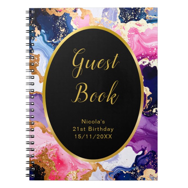Pink, Navy Blue and Gold Ink Birthday Guest Book Anteckningsbok (Framsidan)