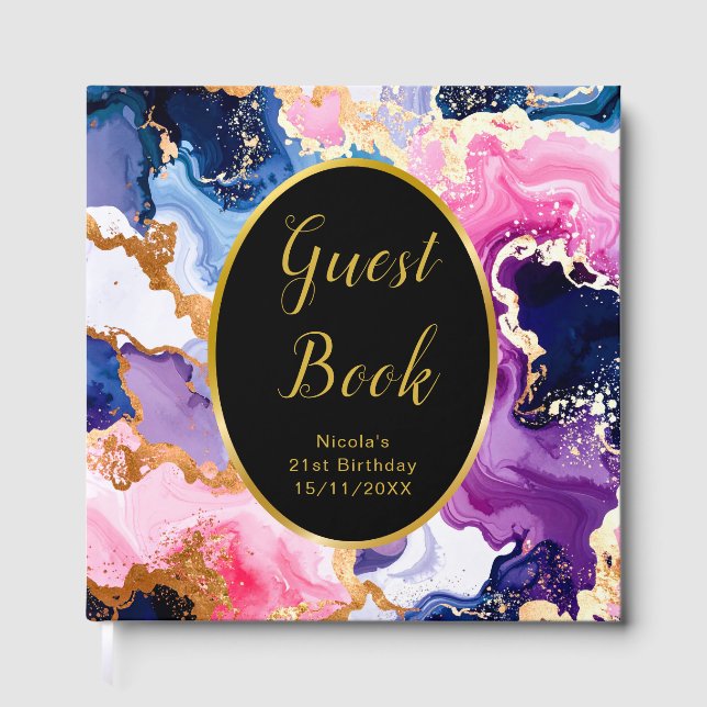 Pink, Navy Blue and Gold Ink Birthday Party Gästböcker (Framsida)