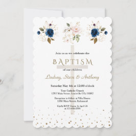 Pink Navy Blue Floral Gold Triplets Baptism   Inbjudningar