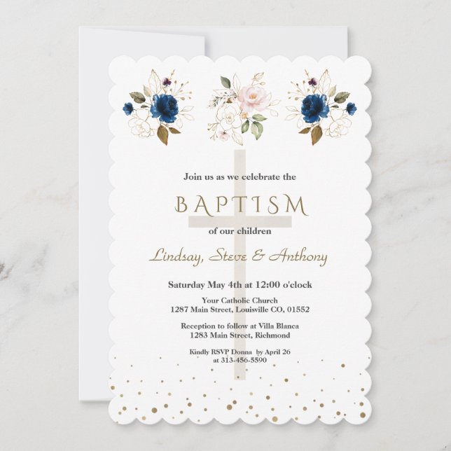Pink Navy Blue Floral Gold Triplets Baptism   Inbjudningar (Framsida)