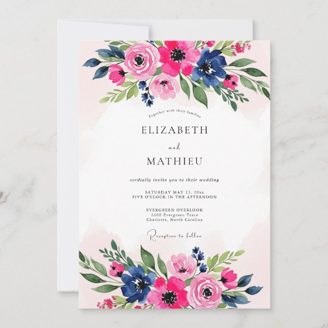 Pink Navy Blue Luxuriant Botanical Wedding Inbjudningar (Framsida)