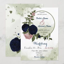 pink navy flowers greenery wreath wedding inbjudningar