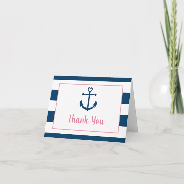 Pink Navy Girl Nautical Anchor Baby Shower Tack Kort (Framsida)