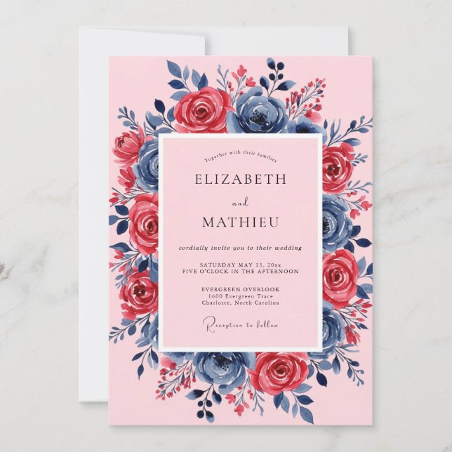 Pink Navy Lush Spring Wedding Inbjudningar (Framsida)