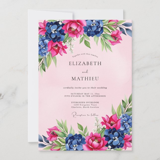 Pink Navy Splendid Floral Wedding Inbjudningar (Framsida)