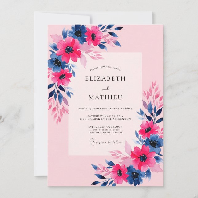 Pink Navy Vibrant Spring Wedding Inbjudningar (Framsida)