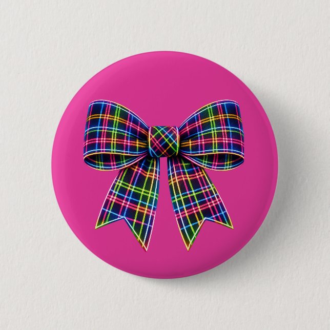 Pink Neon Bow Tartan Ribbon Scottish Cute Knapp (Framsida)