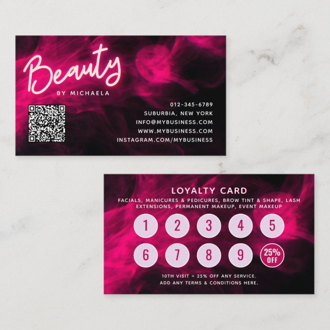Pink Neon & Smoke Lash Salon QR Code Loyalty Card Visitkort (Fram/baksida)
