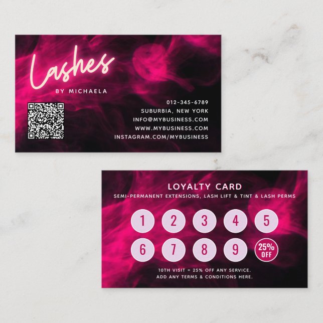 Pink Neon & Smoke Lash Salon QR Code Loyalty Card Visitkort (Fram/baksida)