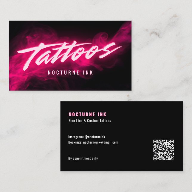 Pink Neon & Smoke Tattoo Artist QR Code Visitkort (Fram/baksida)
