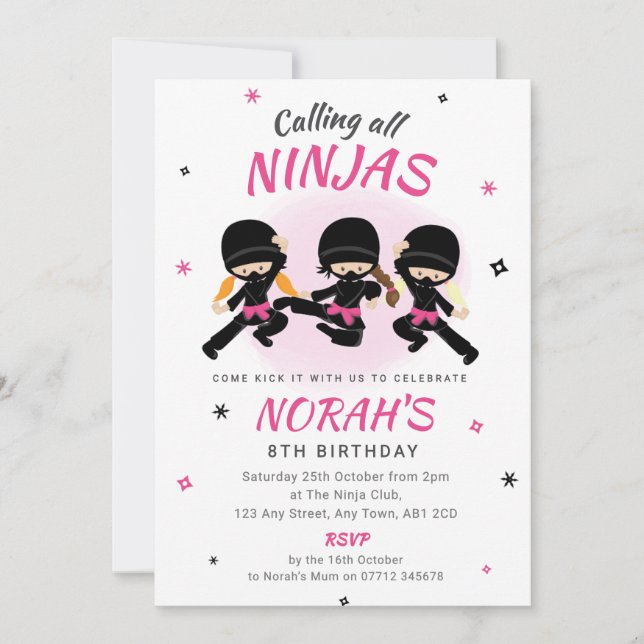 Pink Ninja Birthday Invitation Girls Karate Party Inbjudningar (Framsida)