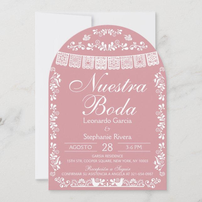 Pink Nuestra Boda Papel Picado Spanish Wedding Inbjudningar (Framsida)