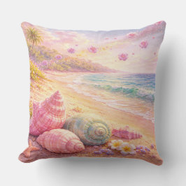 Pink Ocean Beach Shells Flowers Fantasy Landscape Kudde
