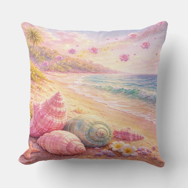 Pink Ocean Beach Shells Flowers Fantasy Landscape Kudde (Framsida)