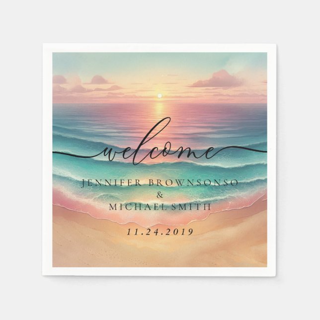 Pink Ocean Beach Signature sunset Welcome Wedding Pappersservett (Framsidan)