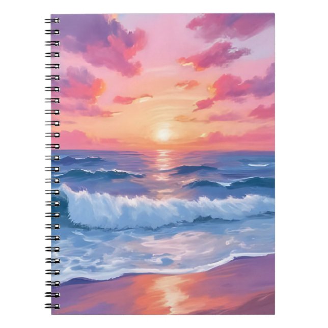 Pink Ocean Waves Sunset Watercolor Anteckningsbok (Framsidan)