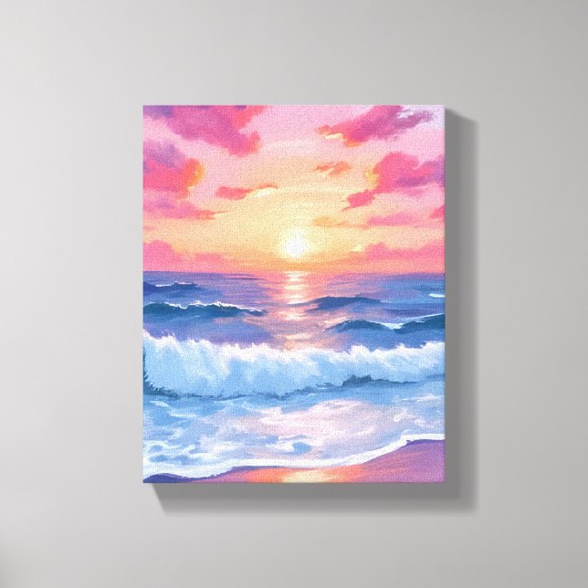 Pink Ocean Waves Sunset Watercolor Canvastryck (Framsida)