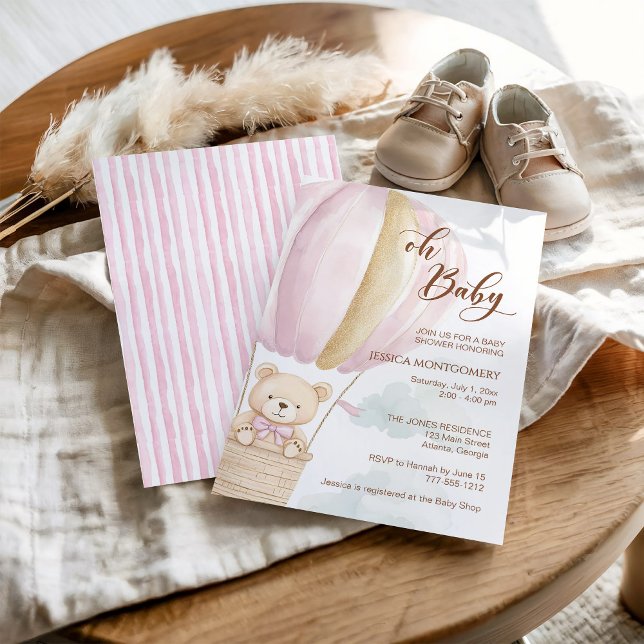 Pink Oh Baby Script Bear in Hot Air Balloon Shower Inbjudningar (Skapare uppladdad)