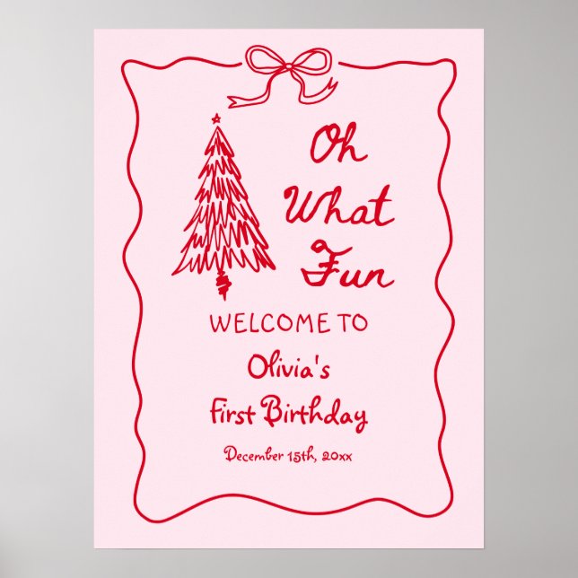 Pink Oh What Fun Holiday Girl 1st Birthday Welcome Poster (Framsidan)