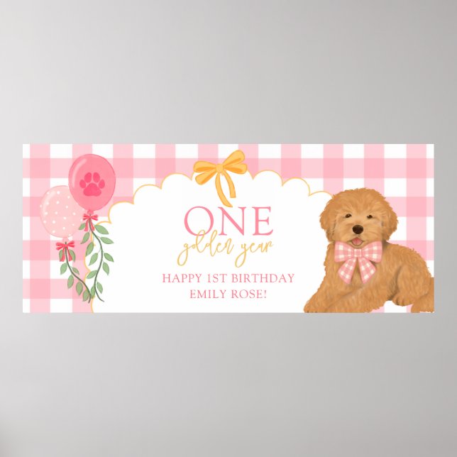 Pink One Golden Year Doodle Puppy 1st Birthday Poster (Framsidan)