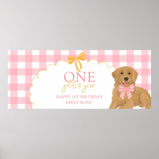 Pink One Golden Year Retriever Puppy 1st Birthday Poster (Framsidan)